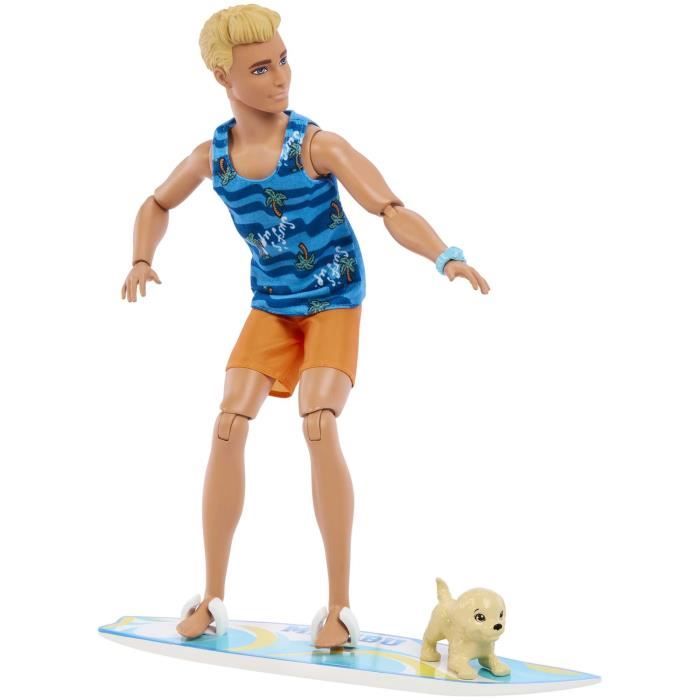 Barbie– Plage – Poupée brunette articulée, planche de surf et