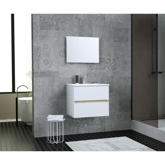 Totem Salle De Bain 60cm 2 Tiroirs Fermetures Ralenties Simple Vasque En Ceramique Miroir Cdiscount Maison