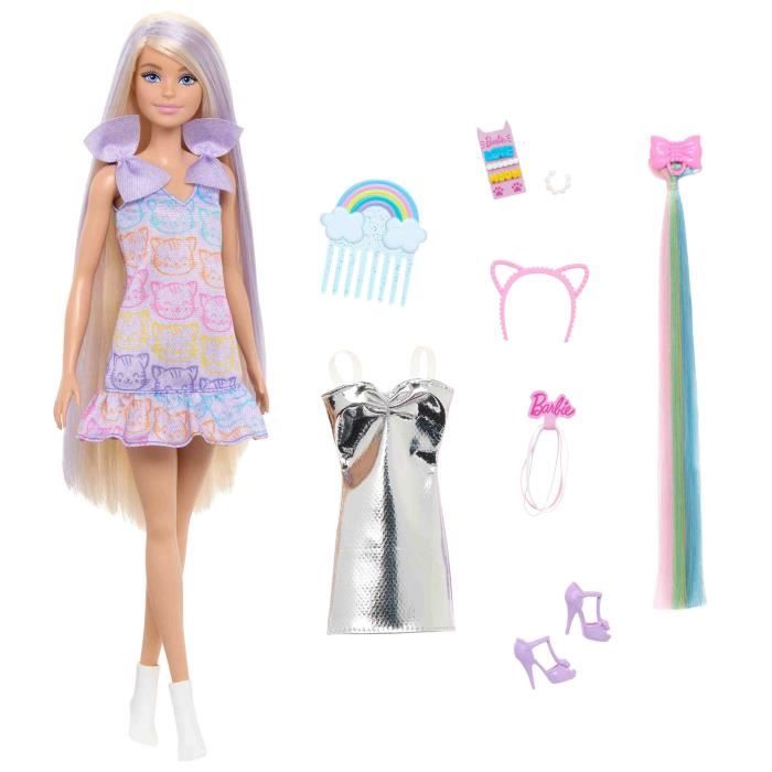 Poupée - BARBIE - Barbie Chevelure de Rêve - Cheveux pailletés - 8 accessoires coiffure - Robe supplémentaire