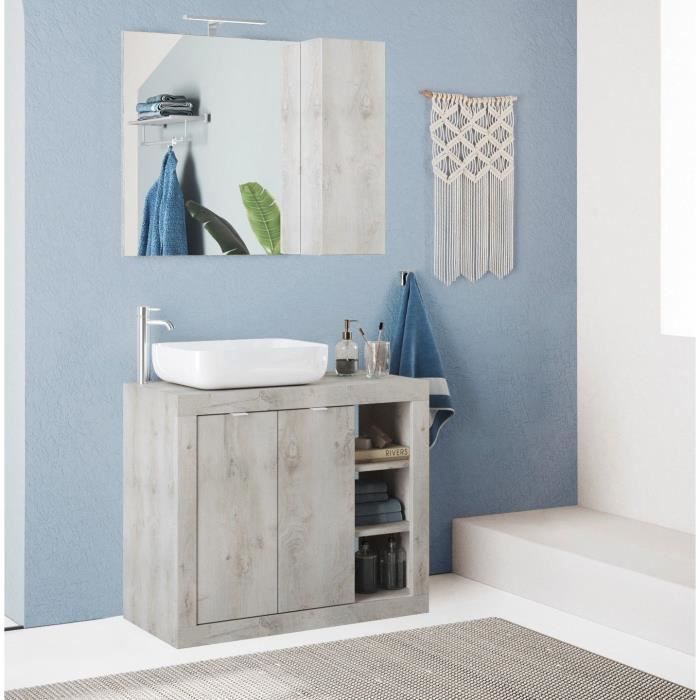 Meuble simple vasque - 2 Portes + 3 niches - L 92 x P47 x H 90cm - effet chêne pin clair
