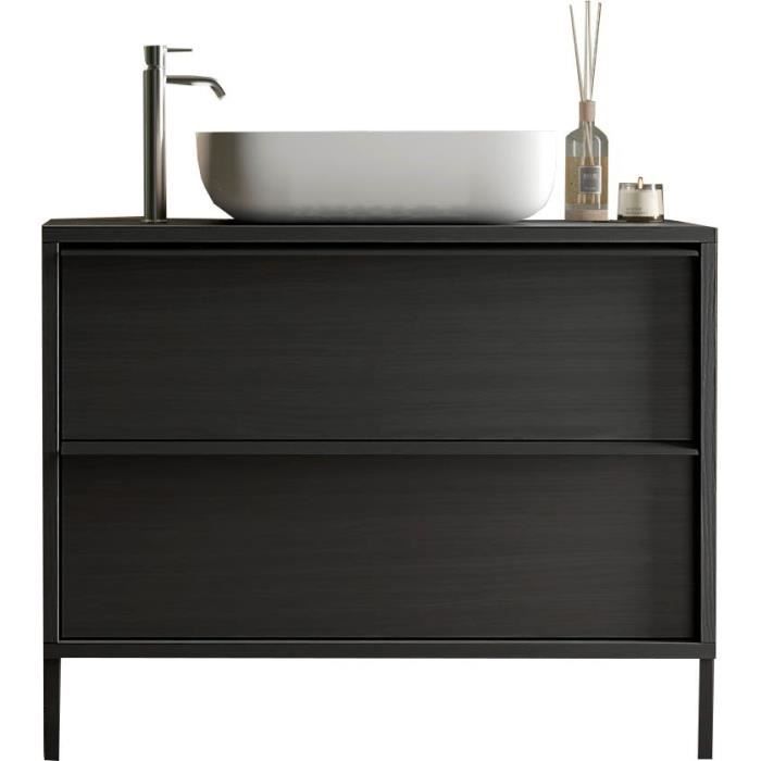 Meuble simple vasque - 2 tiroirs - L92 x H90 x P47cm - Coloris Chêne noir - STEEL