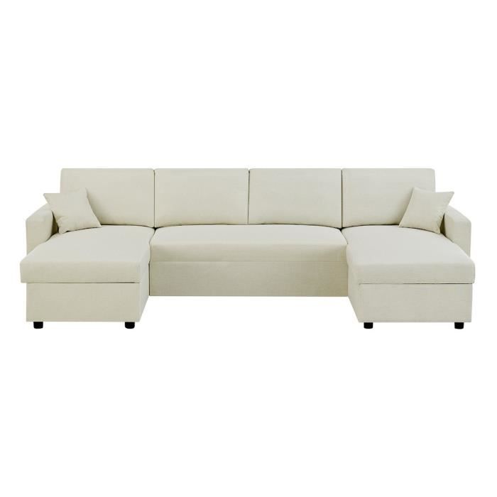 Canapé d'angle convertible panoramique + 2 coffres de rangement + 2 coussins - Tissu Beige - L 300 x