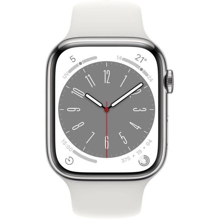 Apple Watch Series 8 GPS + Cellular - 45mm - Boîtier Silver Stainless Steel - Bracelet White Sport - Reconditionné - Très bon état - Apple