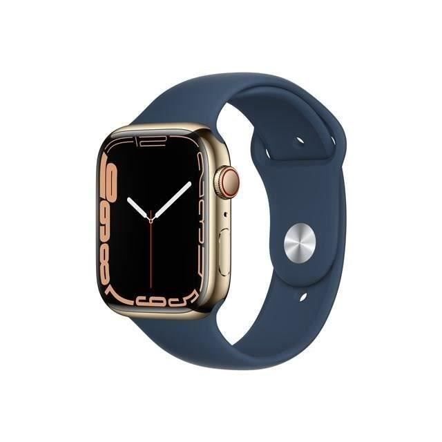 Apple Watch Series 7 GPS + Cellulaire - 45mm - Boîtier acier inoxidable Or - Bracelet Sport bleu - Reconditionné - Très bon état Reconditionné - Apple reconditionné disponible sur Cdiscount Seconde Vie
