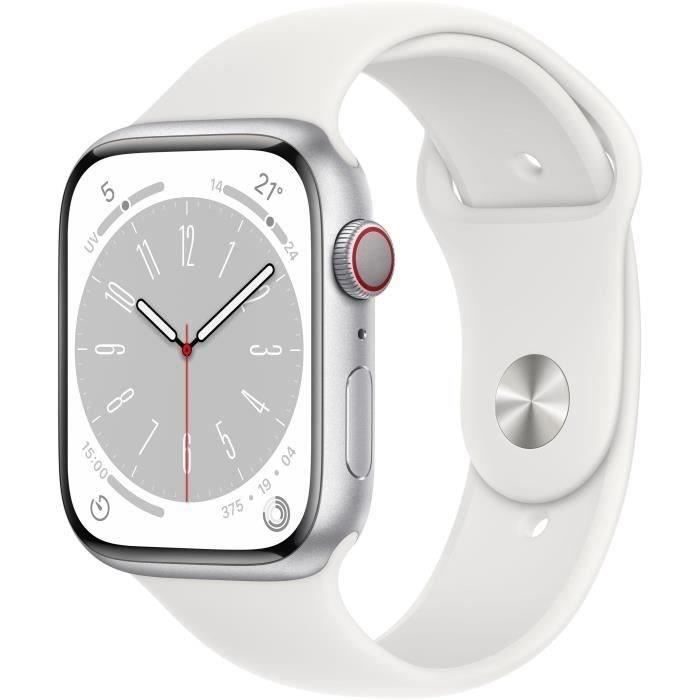 Apple Watch Series 8 GPS + Cellular - 45mm - Boîtier Silver Aluminium - Bracelet White Sport (2022) - Reconditionné - Très bon - Apple