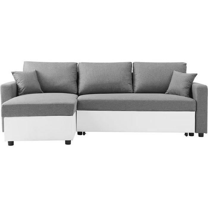 Canapé d'angle réversible convertible grand couchage + coffre - Tissu Blanc et gris - L 228 x P 148 