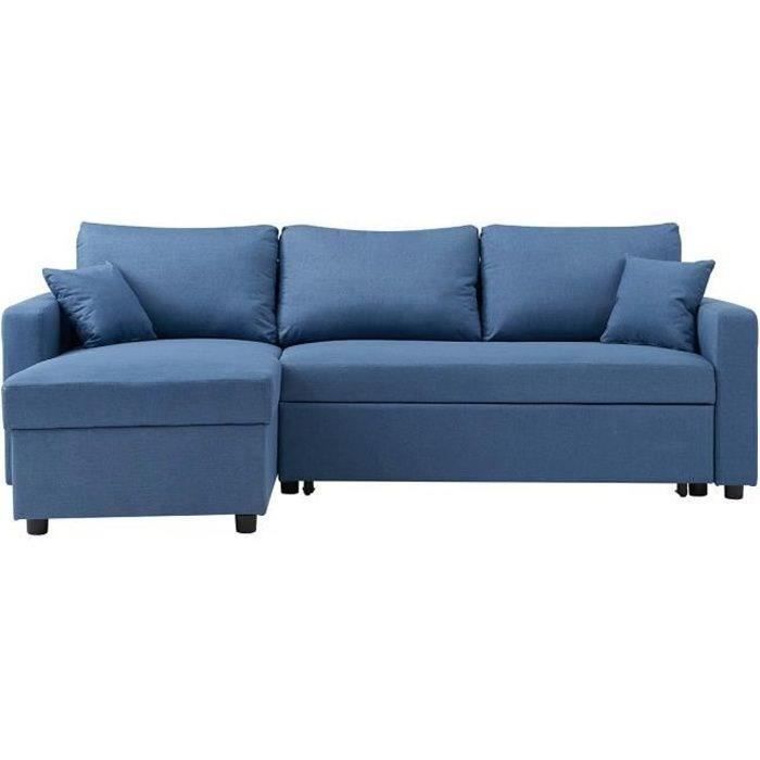 Canapé d'angle réversible convertible grand couchage + coffre - Tissu Bleu- L 228 x P 148 x H 86 cm 