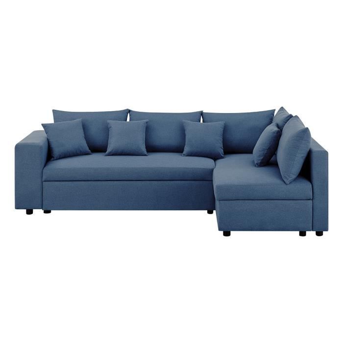 Canapé d'angle à droite convertible + Coffre de rangement + 4 coussins - Tissu Bleu - OWENS - L 250 