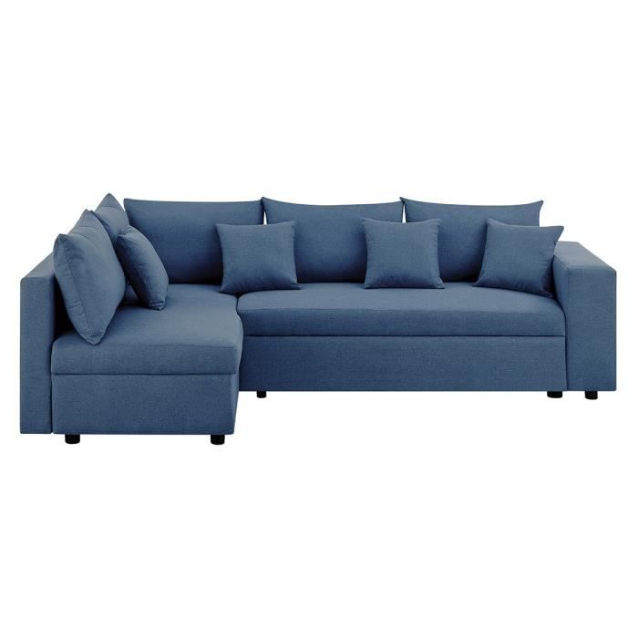 Canapé d'angle à gauche convertible + coffre de rangement + 4 coussins - Tissu Bleu - L 250 x P 163 