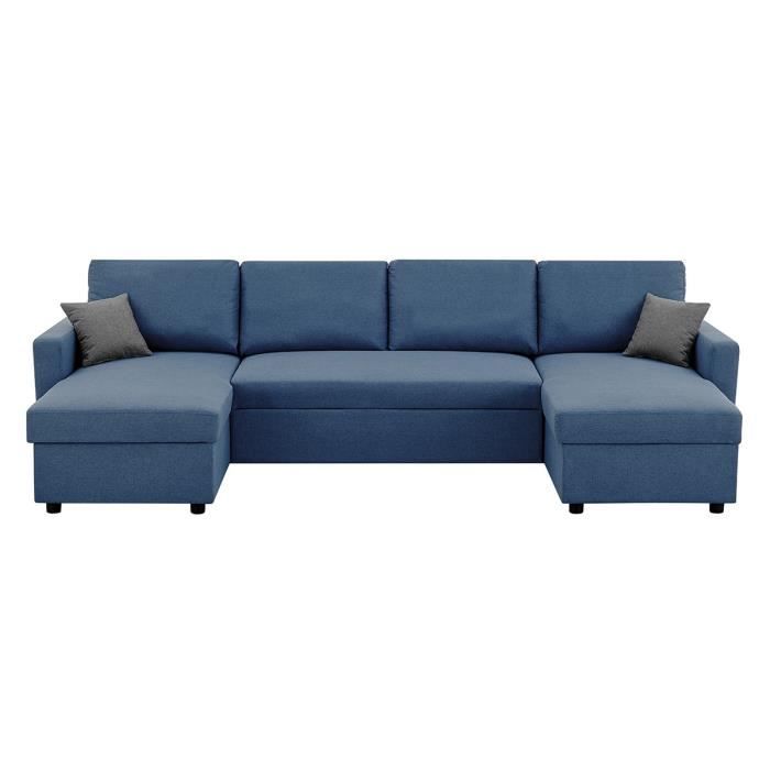 Canapé d'angle convertible panoramique + 2 coffres de rangement + 2 coussins - Tissu Bleu - L 300 x 
