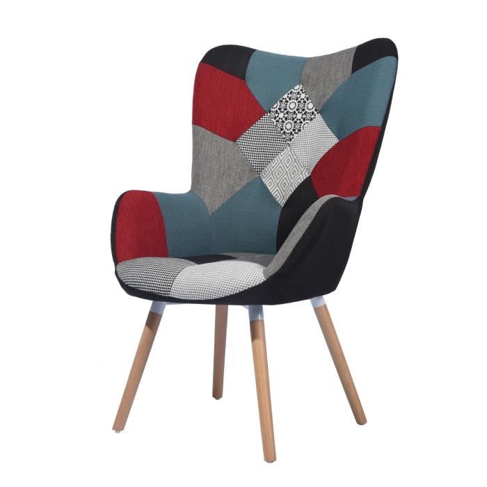Viggo Fauteuil Style Vintage Patchwork En Tissu Multicolore Pietement En Hetre L 67 X P 52 X H 103 6 Cm Cdiscount Maison
