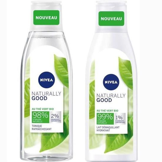 NIVEA Eau Tonique Rafraîchissant + Lait Démaquillant Hydratant au Thé Vert Bio Naturraly Good - 2 x 200 ml