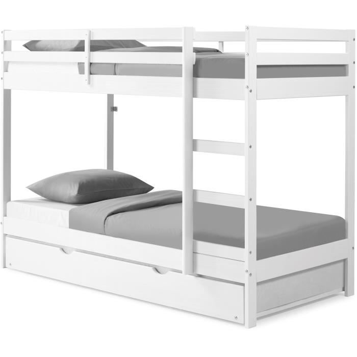 Lit superposé ARTEN 3 couchages blanc et chêne doré en bois avec tiroirs