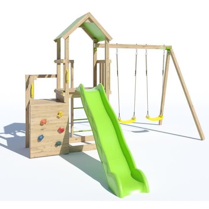 Aire de jeux en bois 2 20 ULTRA XPERIENCE TRIGANO JARDIN Mur d'escalade toboggan et balançoires 8 enfants