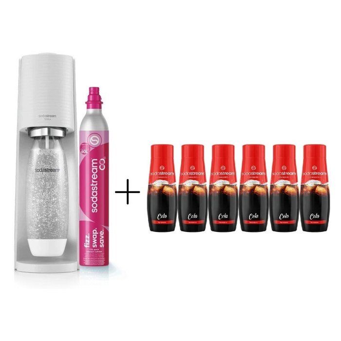 SODASTREAM Machine à soda et eau pétillante TERRA Blanche 1 bouteille & 1 recharge de gaz 60 L + Lot de 6 concentrés Cola 440 ml