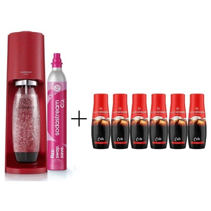 SODASTREAM Machine à soda et eau pétillante TERRA Rouge 1 bouteille & 1 recharge de gaz 60 L + Lot de 6 concentrés Cola 440ml