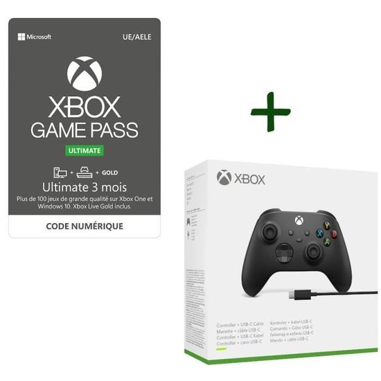 Pack Xbox : Manette nouvelle génération avec câble pour PC - Noir + Abonnement Xbox Game Pass Ultimate 3 Mois