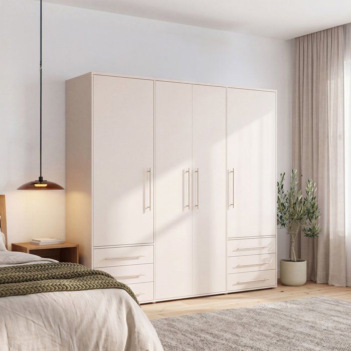 Armoire de chambre MOKKARO Décor sable 4 portes battantes 6 tiroirs L205 9 x P53 x H200 cm
