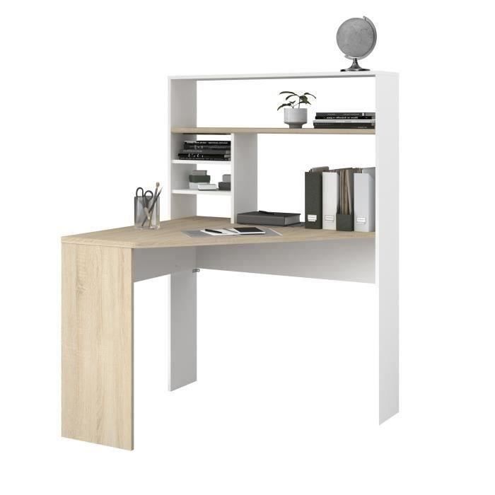 Bureau d'angle avec étagère Peak - Panneaux de particules - Décor blanc et chêne - L 101 x P 95 x H 140cm - PARISOT