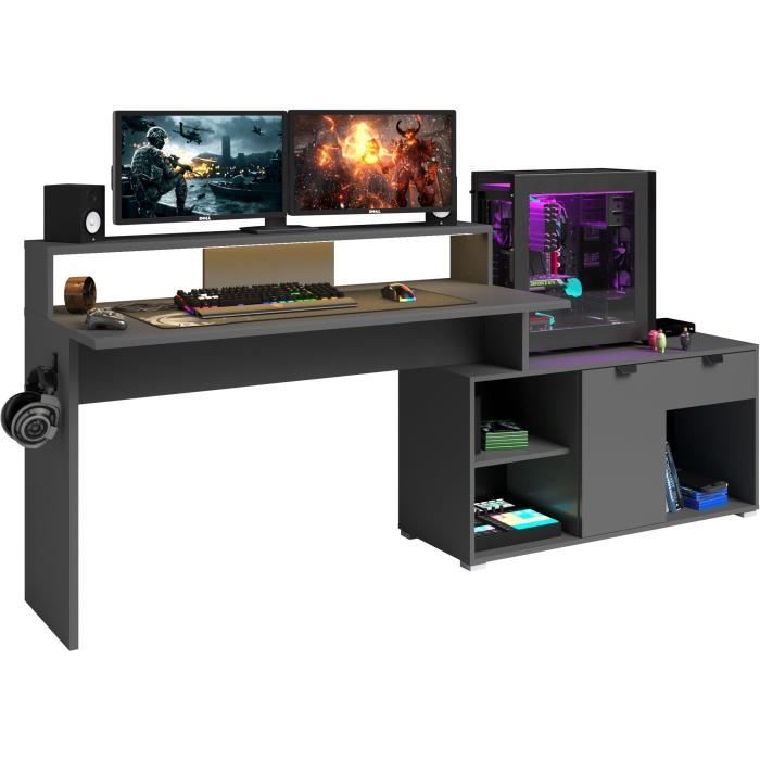 Bureau dangle Gamer modulable avec led - WORTEX - Gris ombre - 1677/2292 x 597/1097 x 948 cm - PARISOT