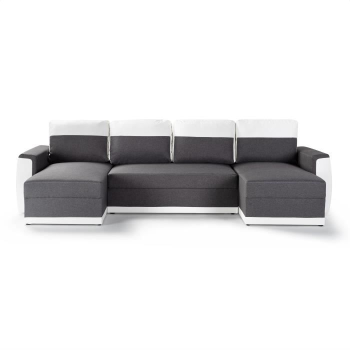 Canapé d'angle panoramique convertible 5 places JAMES - Simili et tissu Blanc et Anthracite - L 298 