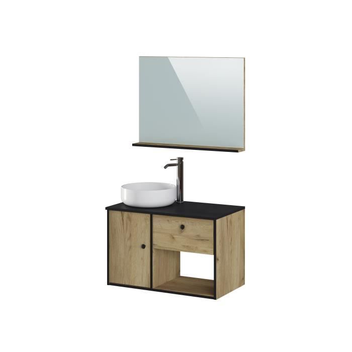 Meuble Salle De Bain Avec Vasque Miroir 1 Tiroir 1 Portes Decor Chene Et Noir L 80 X P 46 X H 63 Cm Lars Cdiscount Maison