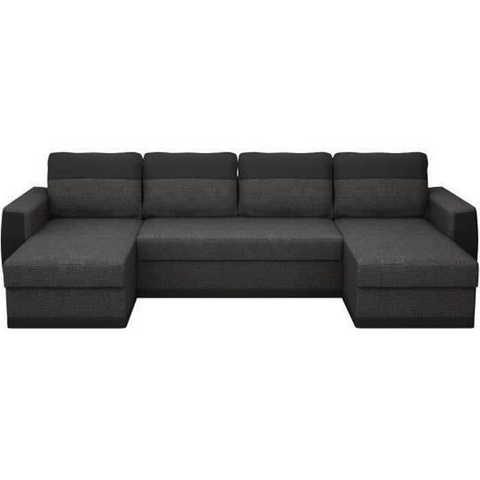 Canapé d'angle panoramique convertible 5 places JAMES - Simili et tissu Noir et Anthracite - L 298 x
