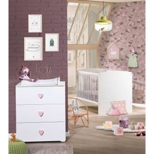 LIT BÉBÉ BABY PRICE New Basic Duo Lit Evolutif 70 x 140 cm Blanc + Commode à Langer Rose Cœur