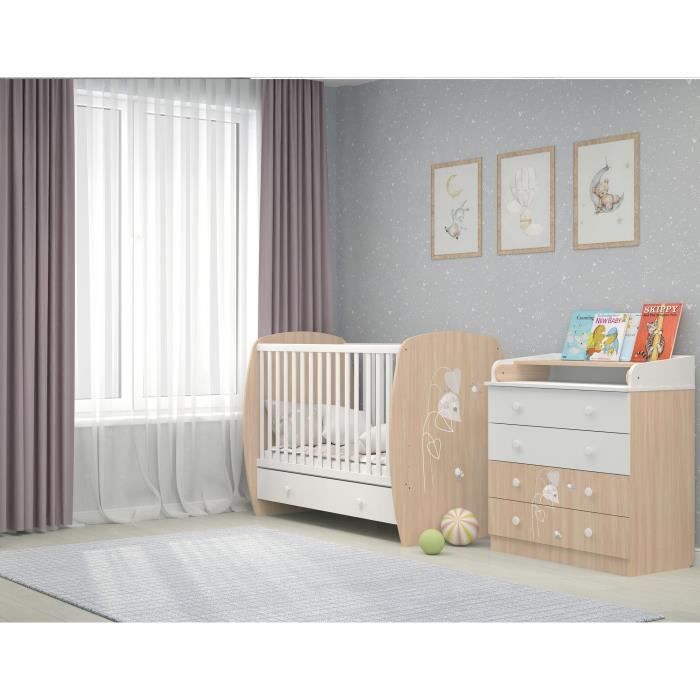 POLINI KIDS Chambre Duo Volga Commode 4 Tiroirs + Neva Lit avec tiroir Amis Zen - Blanc/Naturel