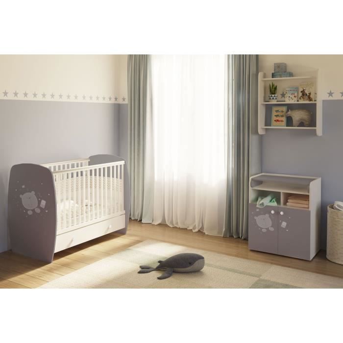POLINI KIDS Chambre Duo Ourson Teddy lit 120*60 cm + commode Blanc/Gris