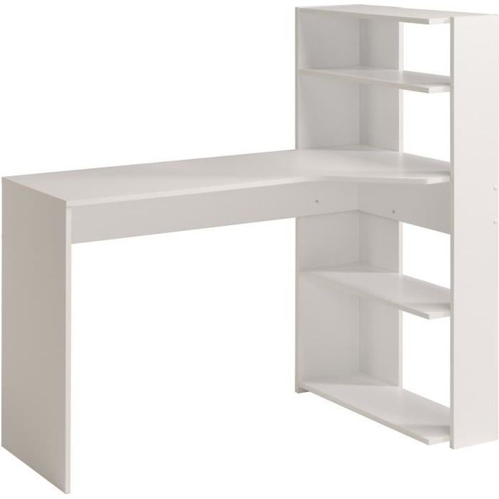 Bureau D Angle Aldric Iii 3 Tiroirs 2 Etageres Blanc