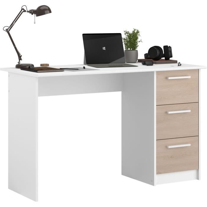 Bureau blanc alpin et décor chêne 3 tiroirs pour bureau