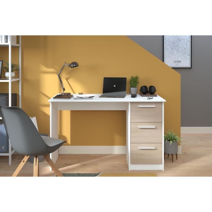 Bureau 1 porte 1 tiroir - Décor bois et blanc - L 140 x P 76 x H 60