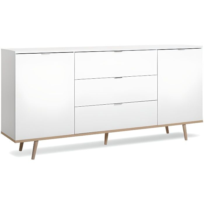 Buffet bas - Décor chêne et blanc - Scandinave - 2 portes et 3 tiroirs - GÖTEBORG - L 180 cm