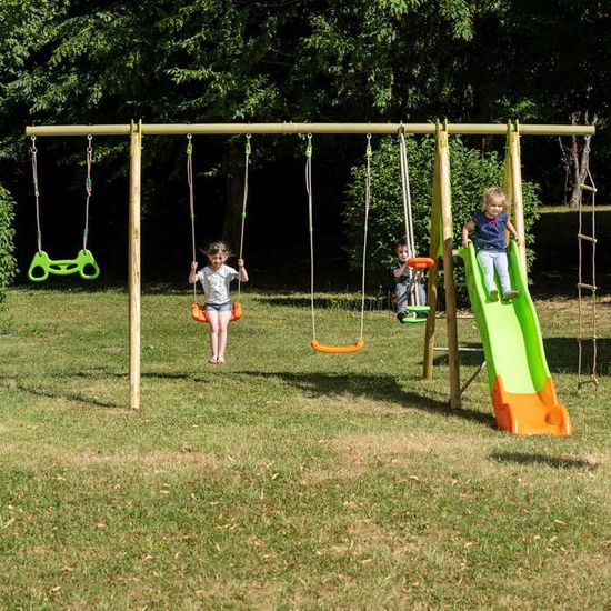 Portique Bois Et Metal 2 30m 2 Balancoires 1 Echelle De Corde 1 Face A Face 1 Trapeze Anneaux Et 1 Toboggan 2 63m Makuta Trigano Cdiscount Jeux Jouets