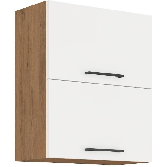 ROCK - Meuble haut - Mélaminé chêne Lancelot et Blanc brillant - 60 cm - 2 portes basculantes