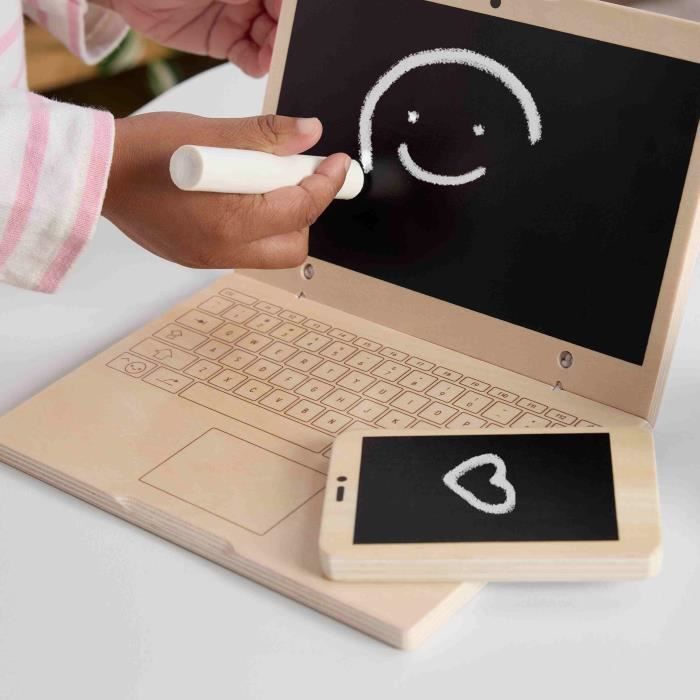 Fisher-Price Coffret Télétravail Bois – 9 Pièces – Ordinateur, Téléphone, Souris – Jeu Imitation Dès 3 Ans
