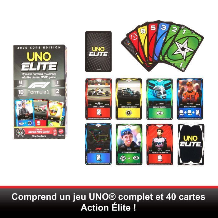 UNO Élite Formula 1 Édition - Jeu de cartes - Avec 4 boosters - Mattel Games - JLV42 - 7 ans et +