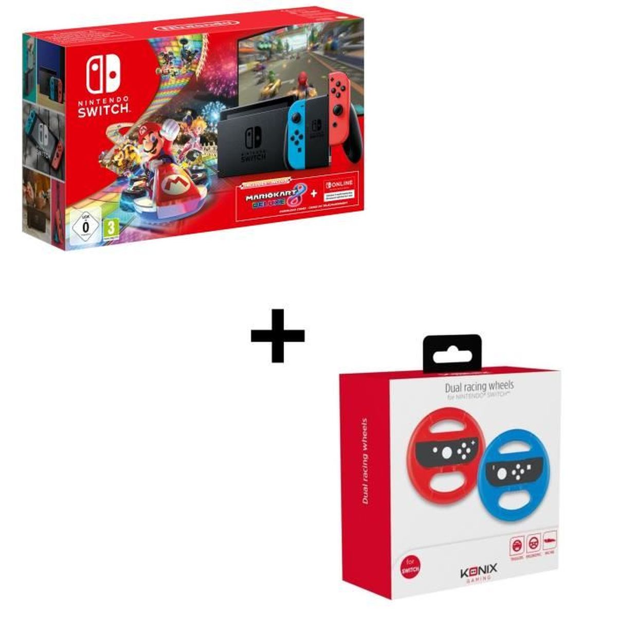 Switch Pack + Mario Kart 8 + 3 months Online subscription + joy-con steering wheels