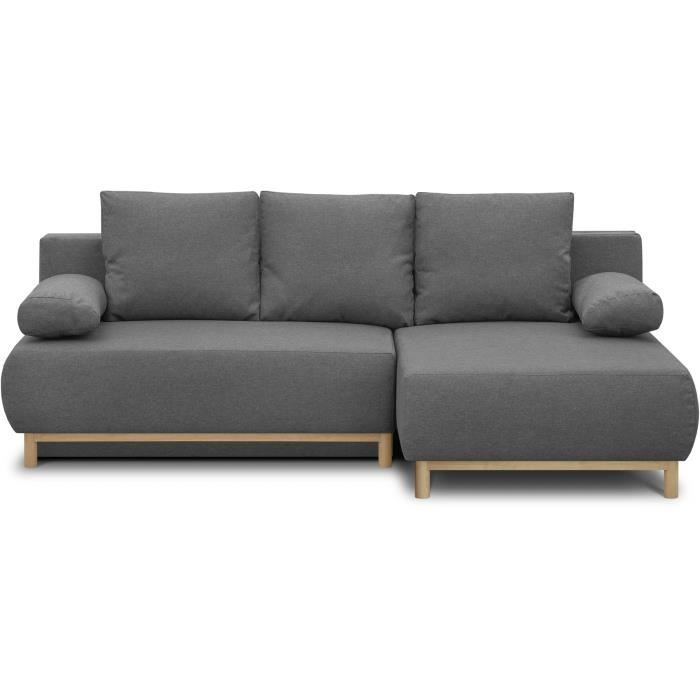 Canapé d'angle droit convertible MIKA 3 places - Tissu gris clair - Coffre de rangement - L218 x P98