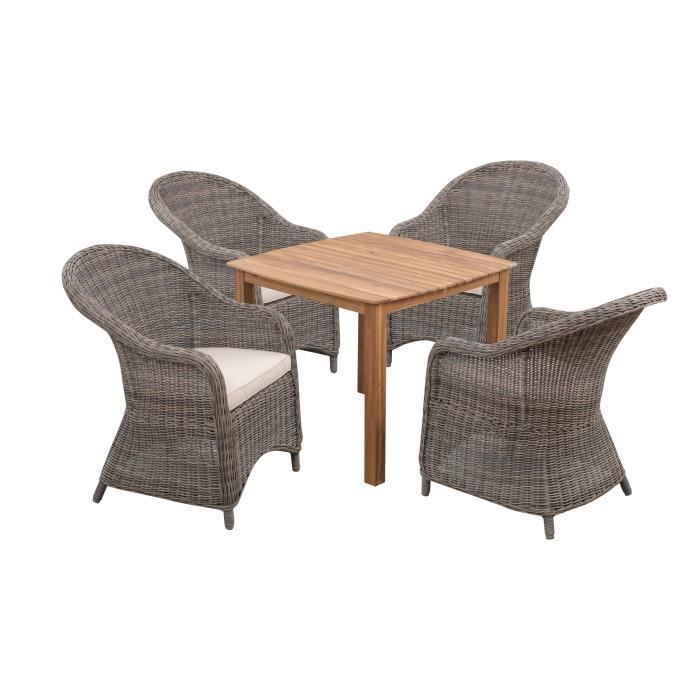Ensemble repas 4 personnes - Table acacia FSC 90x90cm et 4 fauteuils