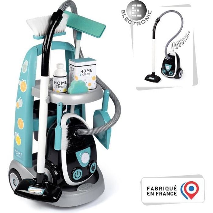 SMOBY - Chariot de ménage + aspirateur électronique avec bruit d'aspiration - 9 Accessoires - Piles 