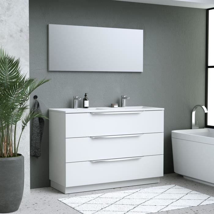 Ensemble Meuble Salle De Bain L 120 Vasque 3 Tiroirs Miroir Blanc Zoom Cdiscount Maison