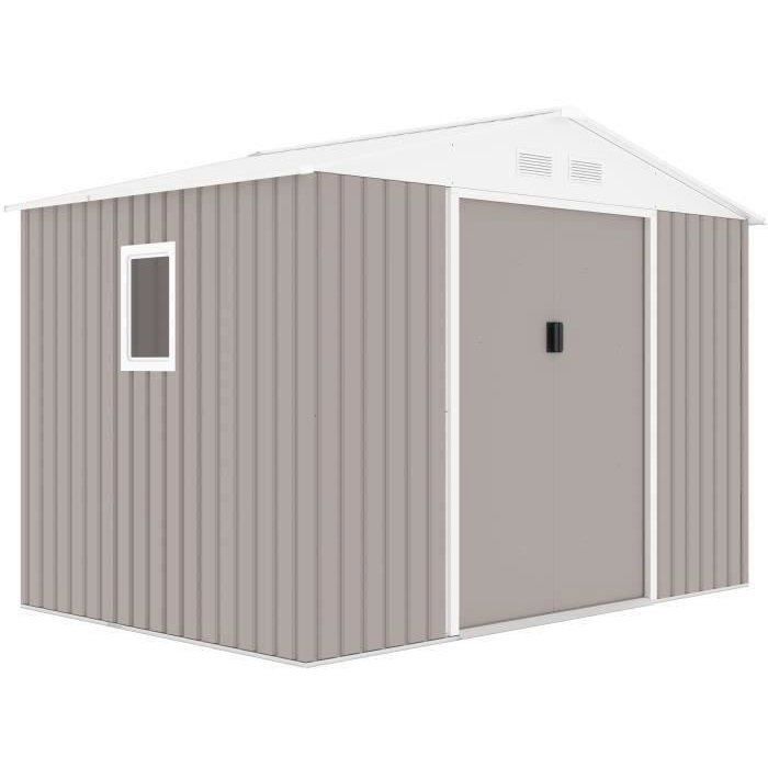 Abri de jardin en métal 529 m² - 277 x 191 x 202 cm - VENUS Kit dancrage inclus 2 portes coulissantes 1 fenêtre latérale Taupe