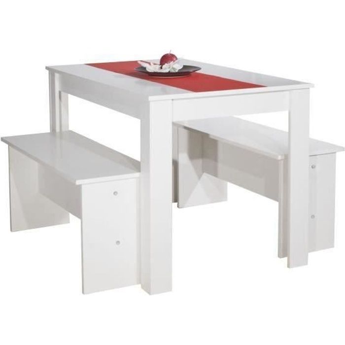 Salt Ensemble Table à Manger De Cuisine En Bois De 4 Personnes Lot De 2 Bancs Contemporain Blanc L 110 X L 70 Cm