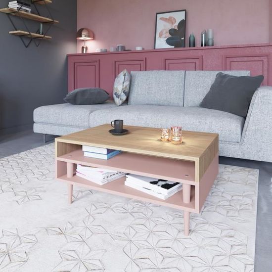 Table Basse Horizon Rose Poudre Et Chene Clair 80 X 53 Temahome