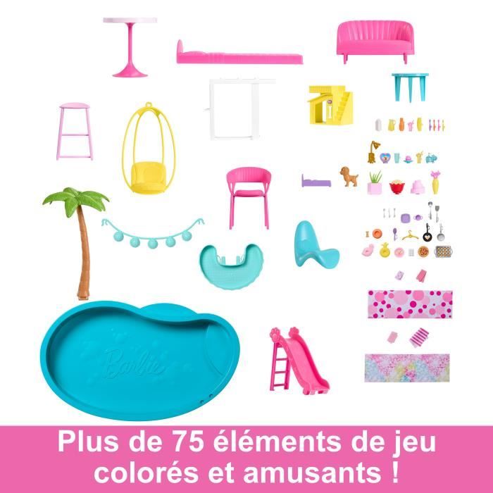Barbie – Maison De Rêve 3 étages – 8 Pièces, Piscine, Toboggan, Ascenseur, 70 Accessoires – Jouet Fille Dès 3 Ans