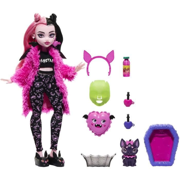 Monster High Coffret Soirée Pyjama Draculaura Poupée Draculaura Chauve de Compagnie Comte Fabulous et Accessoires thématiques HKY66