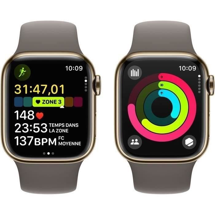 Apple Watch Series 9 GPS + Cellular - 41mm - Boîtier Acier Or - Bracelet Clay Sport Band - S/M - Reconditionné - Etat correct