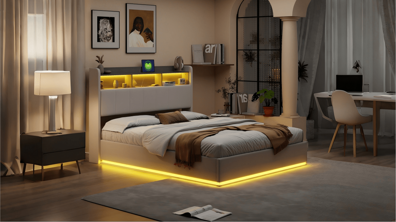 Lit Double Suspendu avec 2 Tables de Nuit LED et Prise USB Type-C, 205x264x90.5 cm, Chêne Sonoma